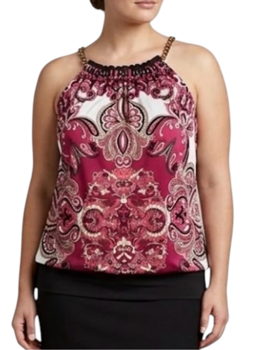 CACHÉ Vintage Y2K Halter Top Chain Neck Paisley Print Pink Black Boho Medium